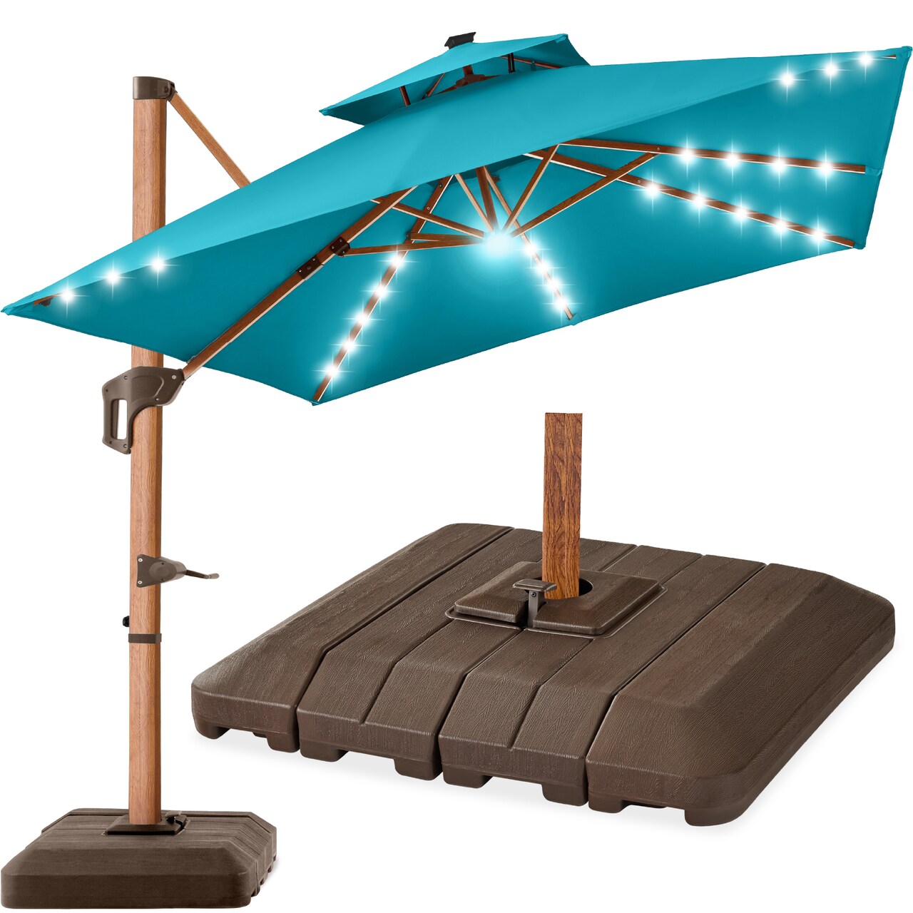 Best Choice Products 10ft Square Woodgrain Pattern 2-Tier Outdoor Solar LED Cantilever Umbrella w/ Base